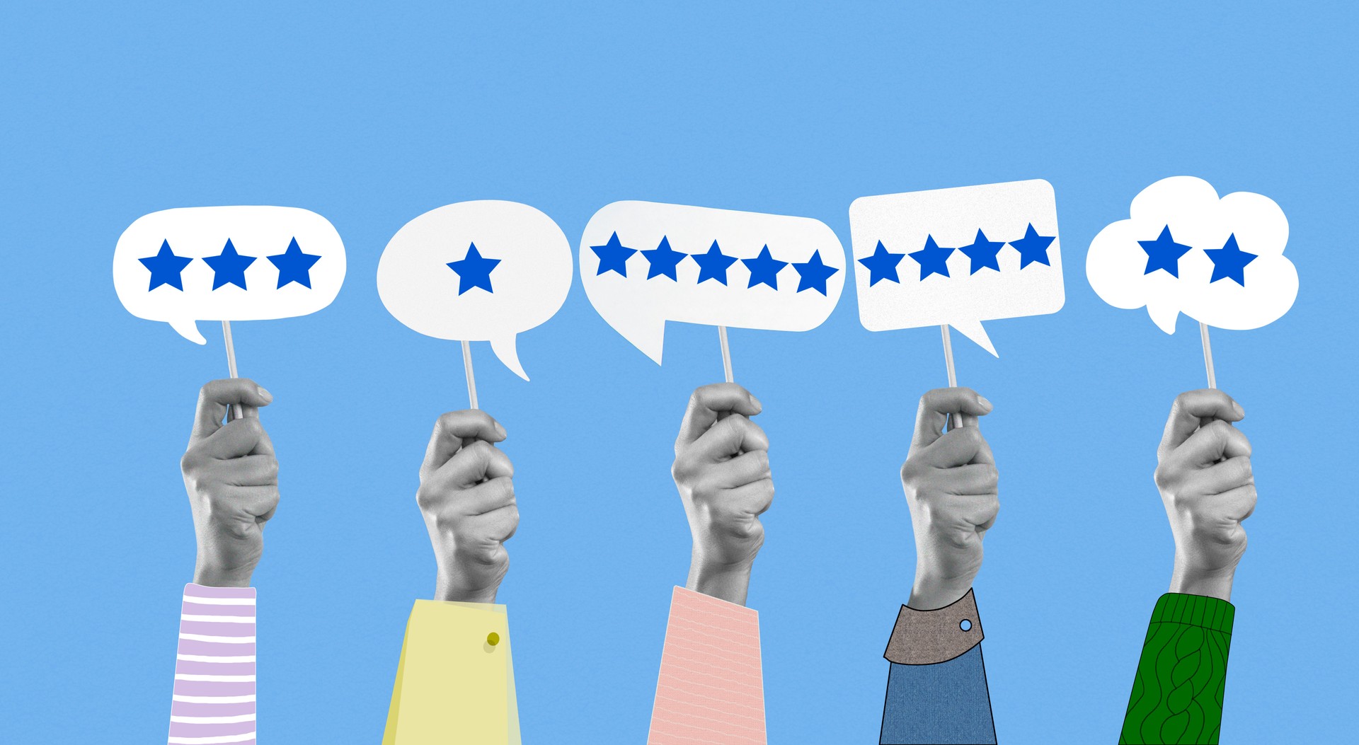 Customer Experience Concept Collage with People Raised Hand