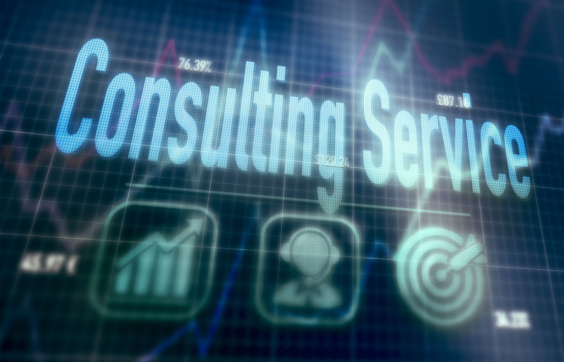 Futuristic dot matrix display with a Consulting Service concept written on it.