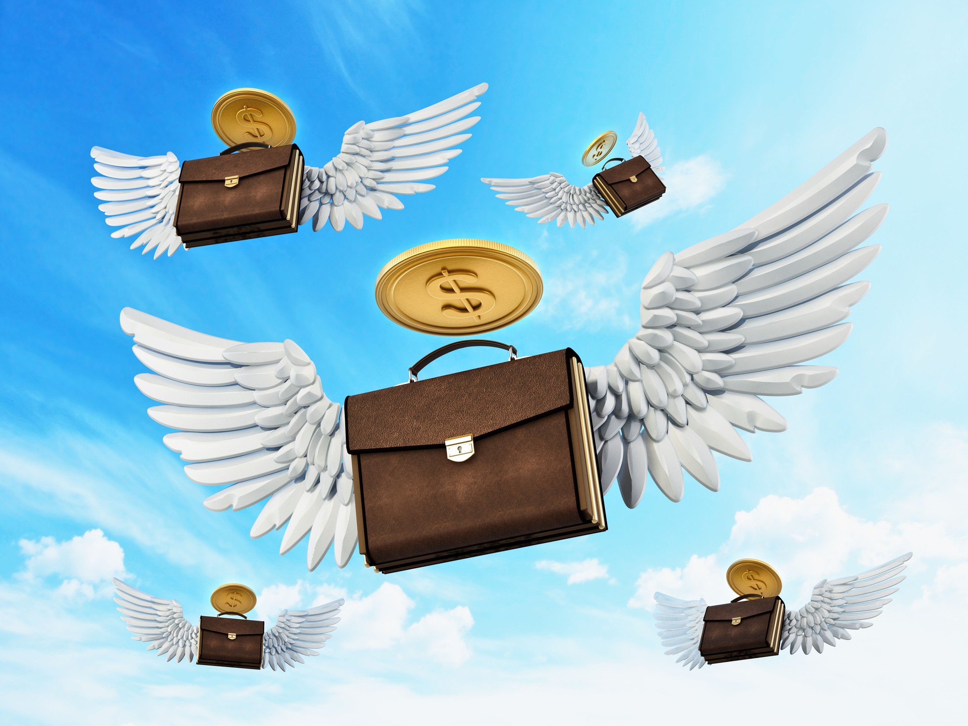 Flying winged briefcases with dollar coin halos in the sky