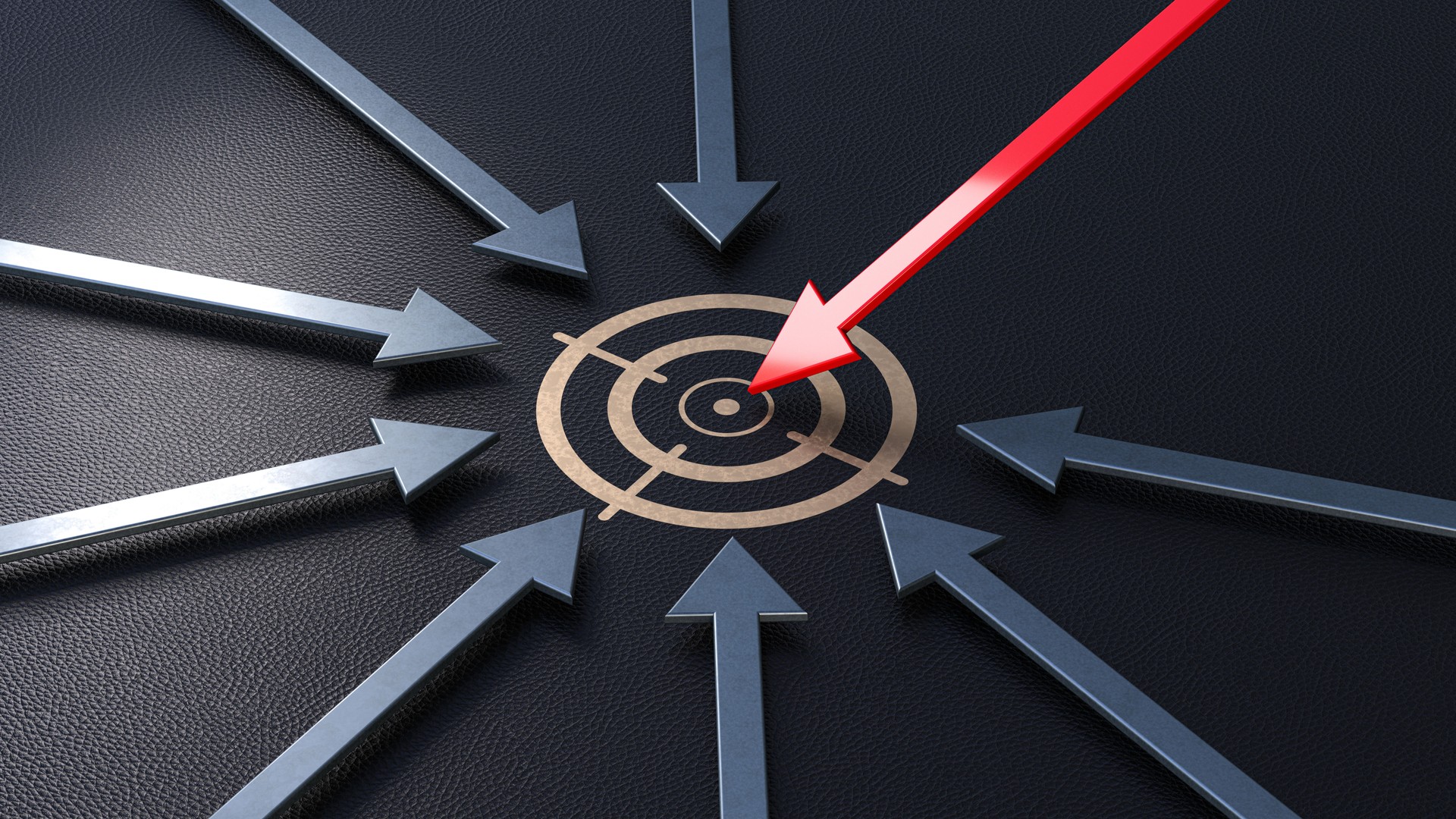 Red Arrow Poised to Hit Target Symbol While Other Arrows Move Towards It on a Flat Surface. 3D Rendering