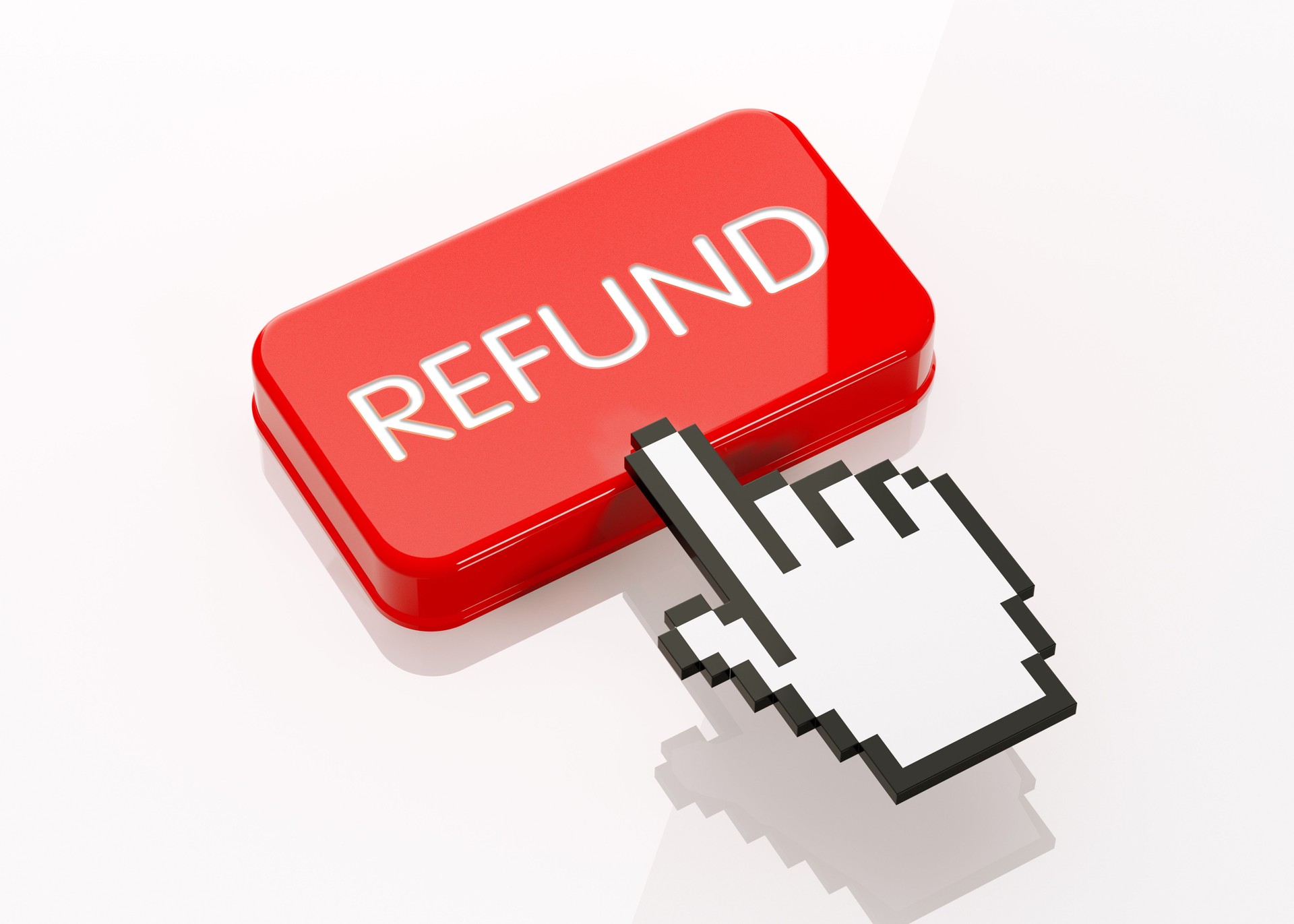 Hand Shaped Computer Cursor Clicking On A Red Button: Refund Writes On Button